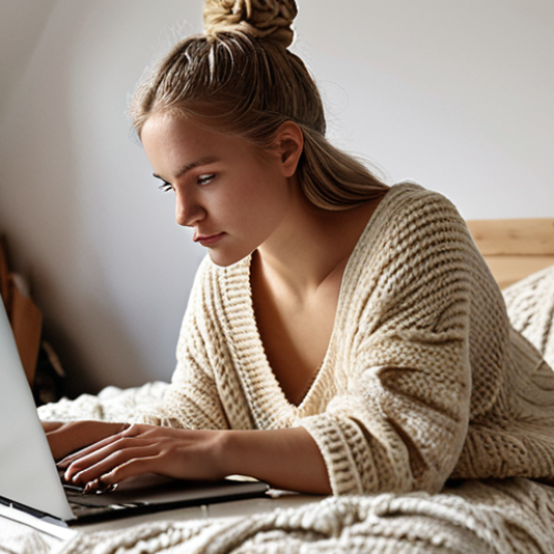 ** Young, fashion-conscious woman interested in sustainability, browsing a blog on her laptop. Focus on natural lighting and a cozy, "hygge" aesthetic. Keywords: sustainable fashion, blog, lifestyle, Swedish, cozy, natural light.

**