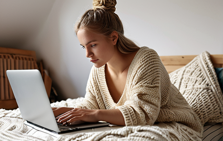 ** Young, fashion-conscious woman interested in sustainability, browsing a blog on her laptop. Focus on natural lighting and a cozy, "hygge" aesthetic. Keywords: sustainable fashion, blog, lifestyle, Swedish, cozy, natural light.

**